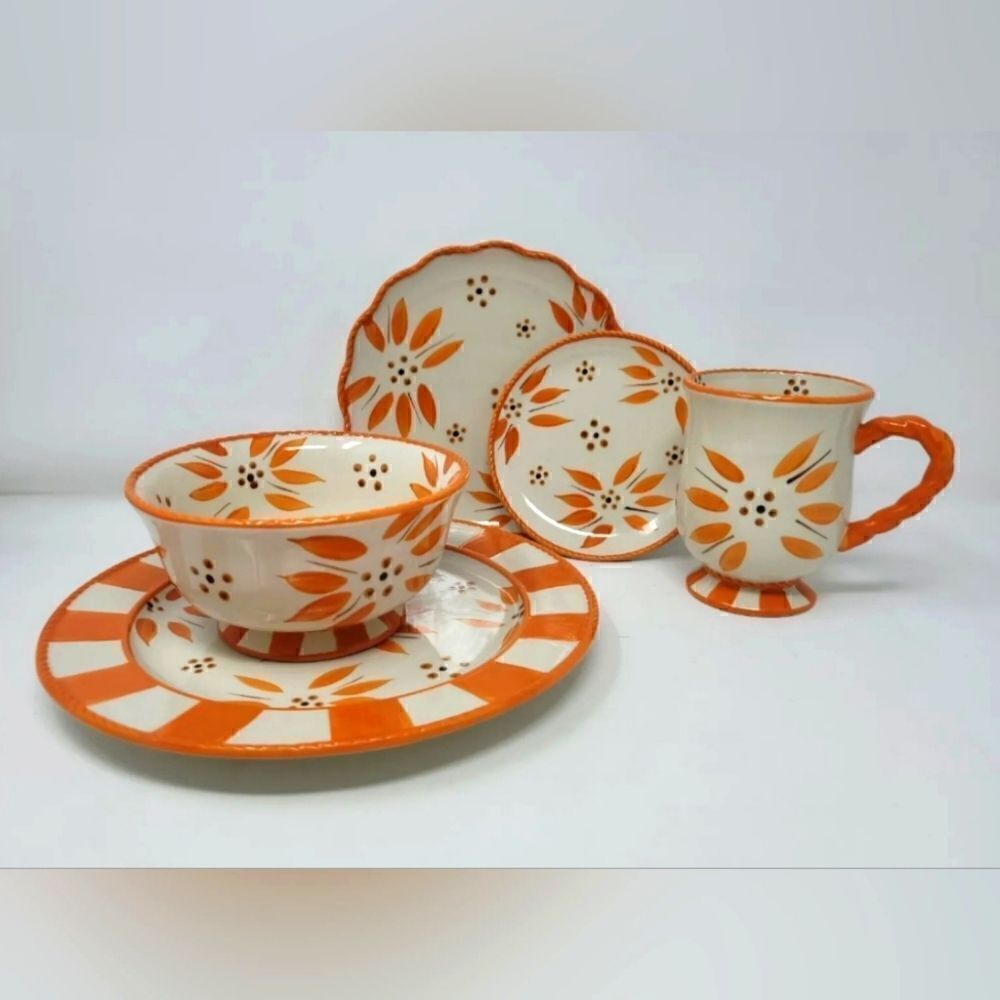 Temptations Plates Bowl Mug by Tara Old World Orange Ovenware Set Of Five!